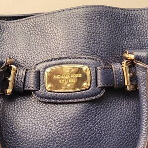 Michael Kors Dark Blue Leather Shoulder Bag with Gold Accents